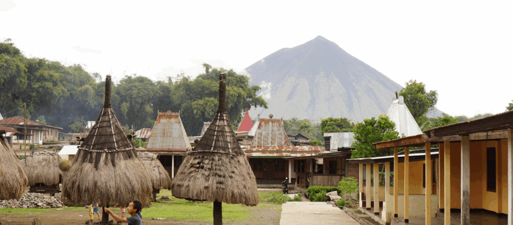 volcano and huts