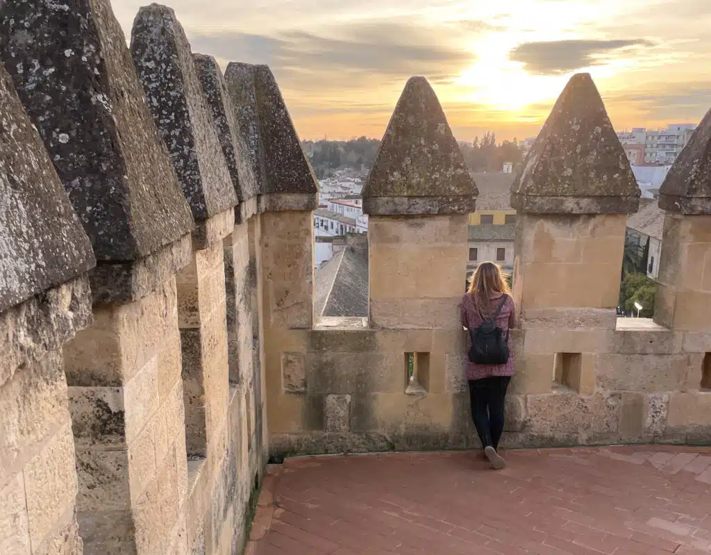 person leaning over wall looking at city