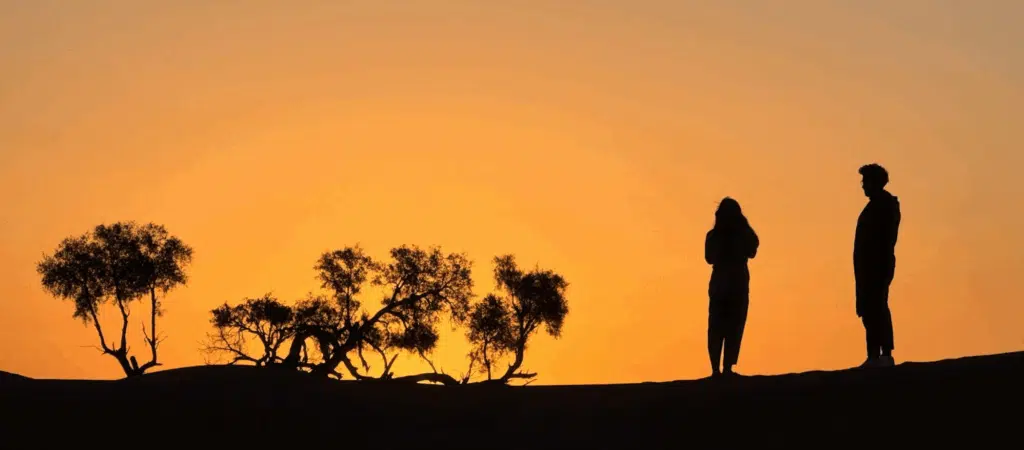 people standing in silhouette in orange sky