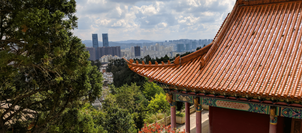 orange roof of building overlooking the city